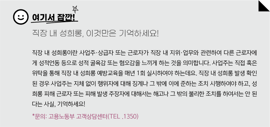 여기서 잠깐!
직장 내 성희롱, 이것만은 기억하세요!
직장 내 성희롱이란 사업주·상급자 또는 근로자가 직장 내 지위·업무와 관련하여 다른 근로자에
게 성적언동 등으로 성적 굴욕감 또는 혐오감을 느끼게 하는 것을 의미합니다. 사업주는 직접 혹은
위탁을 통해 직장 내 성희롱 예방교육을 매년 1회 실시하여야 하는데요. 직장 내 성희롱 발생 확인
된 경우 사업주는 지체 없이 행위자에 대해 징계나 그 밖에 이에 준하는 조치 시행하여야 하고, 성
희롱 피해 근로자 또는 피해 발생 주장자에 대해서는 해고나 그 밖의 불리한 조치를 하여서는 안 된
다는 사실, 기억하세요!